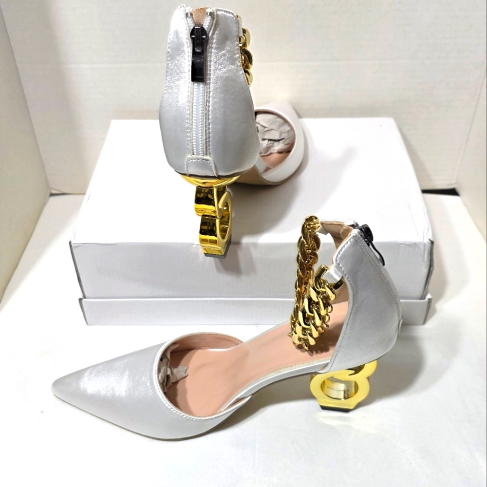 Unique White Heels with Gold Accents